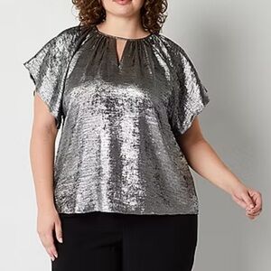 Worthington Womens Keyhole Neck Short Sleeve Metallic Blouse, size ·X